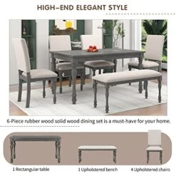 Merax 6-Piece Wood Rectangular Table Set With Turned Legs, 4 Upholstered Chairs And Bench For Dining Room, Grey+Beige_6pcs -Amazon Store 510KvwijlAL