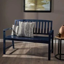Christopher Knight Home Laurel Farmhouse Cottage Acacia Wood Bench, Pu Navy Blue
