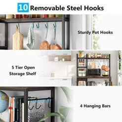 LITTLE TREE Kitchen Bakers Rack With Storage, 43 Inch Wide Large Kitchen Racks Shelves, 5-Tier Tall Bakers Rack Utility Kitchen Shelves Organizers And Storage With 10 Hooks For Kitchen, Rustic Brown -Amazon Store 510RNyXI7ZL