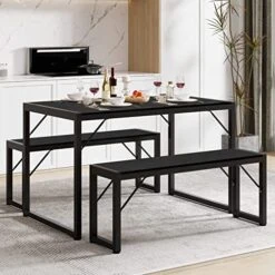 Gizoon 45.5" Dining Table Set For 4, Kitchen Table Set With 2 Benches, Dining Room Table Set With Metal Frame & MDF Board, Space-Saving Dinette For Kitchen, Dining Room -Black