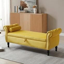 LUCKHAO Storage Bench For Bedroom End Of Bed, 63" Long Velvet Tufted Upholstered Storage Ottoman Bench For Bedroom, Rolled Arm Nailhead Trim With Pillow(Grey) -Amazon Store 510eMxjX34L. AC