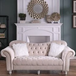 Morden Fort Chesterfield Sofa, 82" W Velvet Tufted Upholstery Sofas, Classic Couches For Living Room Furniture Sets, Beige -Amazon Store 510f7KhJsLL