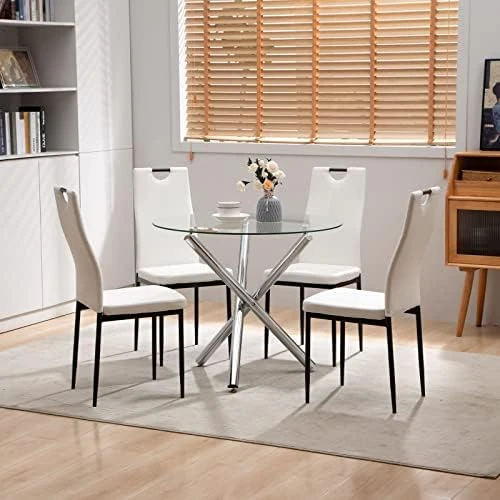Bacyion Round Glass Dining Table Set For 2 - PU Leather Modern Dining Room Table Set For Small Spaces 3 Pieces Kitchen Tempered Glass Table And Chairs For Home Kitchen Living Room (Black) 11 Bacyion Round Glass Dining Table Set For 2 - PU Leather Modern Dining Room Table Set For Small Spaces 3 Pieces Kitchen Tempered Glass Table And Chairs For Home Kitchen Living Room (Black) - Image 9