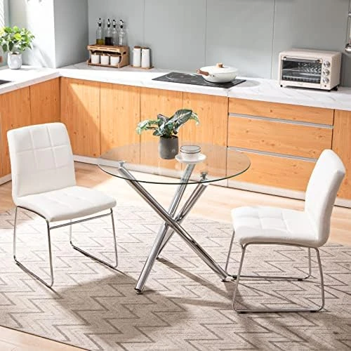 SICOTAS Dinner Table Set For 4 - Round Glass Kitchen Table With 4 Chairs, Modern Dining Table Set With Metal Legs, 5 Piece Dinning Room Table Set For Apartment Kitchen, Dining Room, Black 11 SICOTAS Dinner Table Set For 4 - Round Glass Kitchen Table With 4 Chairs, Modern Dining Table Set With Metal Legs, 5 Piece Dinning Room Table Set For Apartment Kitchen, Dining Room, Black - Image 9