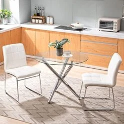3 Pieces, Dining Tables For 2, 1 Round Glass Dining Room Table And 2 Faux Leather Kitchen Chairs, Chrome Metal Legs, Comfortable Upholstered Seat And Back, Set For Waiting Room, Living Room, Office -Amazon Store 510tiplCN9L. AC