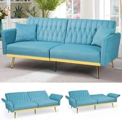 ACMEASE 70” Velvet Futon Sofa Bed W/Adjustable Backrests And Armrests, Convertible Futon Couch With Two Pillows, Modern Tufted Sleeper Bed For Living Room, Bedroom,Green -Amazon Store 510yW8TQcCL. AC