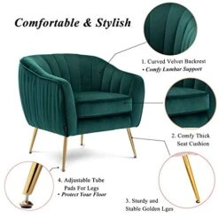 Artechworks Velvet Modern Tub Barrel Arm Chair Upholstered Tufted With Gold Metal Legs Accent Club Chair With Ottoman Footrest For Living Reading Room Bedroom, Green -Amazon Store 510z2z4KE4L