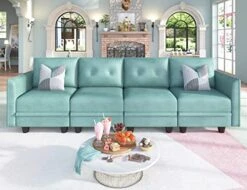 LLappuil Modular Sofa Faux Leather Fabric 112" Sectional Couch 4 Seater With Storage Seats Modern Sectional Sofa For Living Room, Office, Aqua Blue