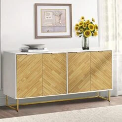 Modern Sideboard Buffet Cabinet, 55ββ Kitchen Buffet Storage Cabinet With Doors, White Sideboards And Buffets With Storage, Sideboards Storage Cabinet With Gold Metal Legs, Credenzas For Living Room