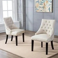 DAGONHIL Fabric Dining Chairs Set Of 2 Tufted Dining Room Chairs Upholstered Kitchen Chairs, Accent Chairs With Black Solid Wood Legs, Nailed Trim (Beige) -Amazon Store 511VQXslrCL. AC