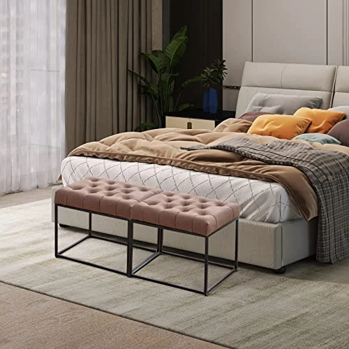 Bonzy Home Upholstered Ottoman Bench Button Tufted Faux Leather Metal Frame Dining Table Bench For Living Room Hallway Bedroom,22 X 16 X 17 Inch,Light Brown 8 Bonzy Home Upholstered Ottoman Bench Button Tufted Faux Leather Metal Frame Dining Table Bench For Living Room Hallway Bedroom,22 X 16 X 17 Inch,Light Brown - Image 6