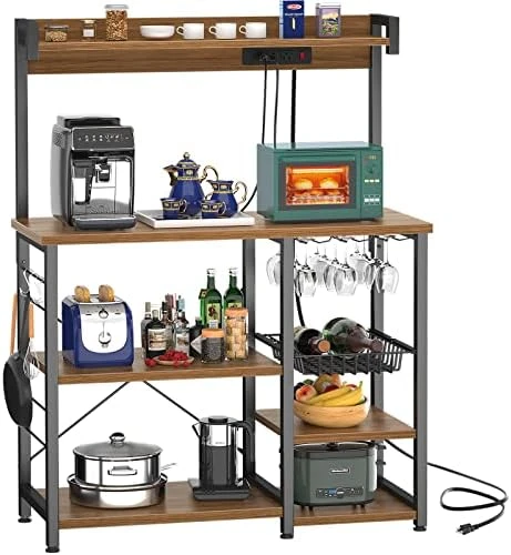 Topfurny Bakers Rack With Power Outlet, Microwave Stand, Kitchen Storage Shelf With Wire Basket, Coffee Bar Station With Wine Glass Holder, Kitchen Rack For Spices, Pots, And Pans, Rustic Brown 10 Topfurny Bakers Rack With Power Outlet, Microwave Stand, Kitchen Storage Shelf With Wire Basket, Coffee Bar Station With Wine Glass Holder, Kitchen Rack For Spices, Pots, And Pans, Rustic Brown - Image 8