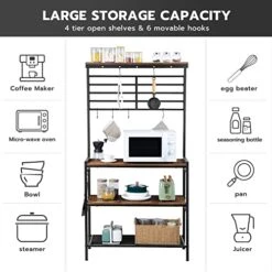 HOOBRO Bakers Rack, Microwave Stand, Kitchen Storage Shelf Rack With Hooks, Coffee Bar, 4 Shelves And Mesh Panel, Adjustable Feet, For Kitchen, Living Room, Coffee Station, Rustic Brown BF01HB01 -Amazon Store 511boqf0HWL