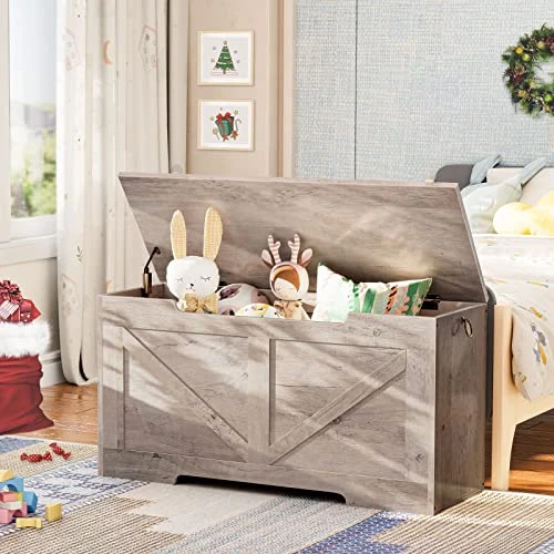 HOOBRO Storage Chest, Retro Toy Box Organizer With U-Shaped Cut-Out Pull, Storage Bench, Safety Hinge, Sturdy Toy Chest, Wooden, Supports 220 Lb, Easy Assembly, Greige BG771CW01 3 HOOBRO Storage Chest, Retro Toy Box Organizer With U-Shaped Cut-Out Pull, Storage Bench, Safety Hinge, Sturdy Toy Chest, Wooden, Supports 220 Lb, Easy Assembly, Greige BG771CW01