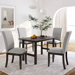 Harper & Bright Designs 5-Piece Kitchen Dining Table Set, Wood Kitchen Furniture Set With Rectangular Table And 4 Linen Fabric Upholstered Dining Chairs, Gray Table+Gray Chair