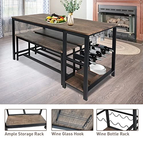 Koreyosh 3 Piece Kitchen Table Set With Bench, 55''Lx25.2''W Dining Table Set For 4,Breakfast Nook Table Set Mid Century Modern Dining Set For Small Spaces Compact W/Storage Shelf Rack, Wine Rack 8 Koreyosh 3 Piece Kitchen Table Set With Bench, 55''Lx25.2''W Dining Table Set For 4,Breakfast Nook Table Set Mid Century Modern Dining Set For Small Spaces Compact W/Storage Shelf Rack, Wine Rack - Image 6