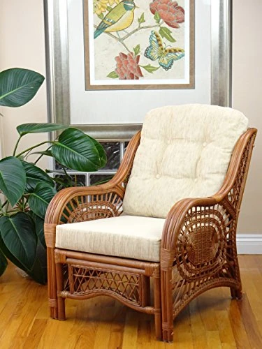 Malibu Lounge Set Of 4: 2 Natural Rattan Wicker Chairs, Loveseat With Cream Cushions And Coffee Table W/Glass Handmade, Colonial 6 Malibu Lounge Set Of 4: 2 Natural Rattan Wicker Chairs, Loveseat With Cream Cushions And Coffee Table W/Glass Handmade, Colonial - Image 4