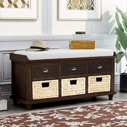Storage Bench With 3 Basket Drawers, Rustic Entryway Bench/Shoe Bench With Cushioned Seat For Entryway, Hallway, Mudroom, Living Room (Off-White) 12 Storage Bench With 3 Basket Drawers, Rustic Entryway Bench/Shoe Bench With Cushioned Seat For Entryway, Hallway, Mudroom, Living Room (Off-White) - Image 10