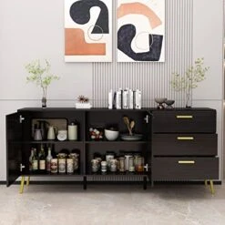 DiDuGo Kitchen Sideboard Cabinet With 3 Drawers & 2 Doors, Credenza Sideboard Buffet With Shelves, 69 Inch Tabletop, Gold Metal Legs & Handles, Espresso (69”W X 15.6”D X 30”H) -Amazon Store 512FppC0SwL