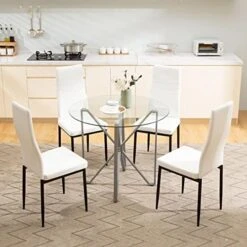WISOICE Dining Table Set For 4, Round Glass Kitchen Table And Chairs, Modern 5 Piece Dining Room Dinner Table With High Back PU Leather Metal Frames Chairs -Amazon Store 512Gg1ZRXML. AC