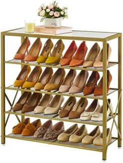Tajsoon 5-Tier Shoe Rack Organizer, Industrial Shoe Rack For Closet Entryway, Metal Mesh Shoe Storage Shelf With X Shape Fixed Frame, With 2 Hooks, Rustic Brown & Black -Amazon Store 512GyeDllCL. AC