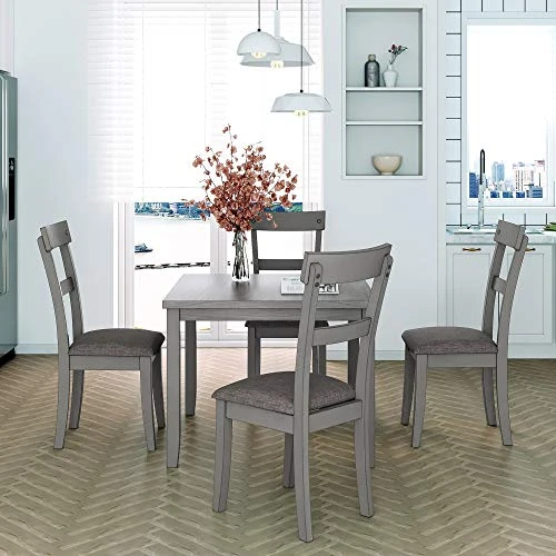 5 Piece Dining Table Set, Wooden Kitchen Dining Table Set With Square Table And 4 Upholstered Chairs For Kitchen, Dining Room, Family And Apartment (Light Gray+4 Person) 3 5 Piece Dining Table Set, Wooden Kitchen Dining Table Set With Square Table And 4 Upholstered Chairs For Kitchen, Dining Room, Family And Apartment (Light Gray+4 Person)