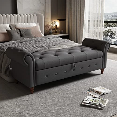 LUCKHAO 63" Tufted Storage Bench For Bedroom End Of Bed,Upholstered Storage Ottoman Bench For Bedroom,Rolled Arm Window Bench Seatwith With Solid Wood Legs(Grey) 3 LUCKHAO 63" Tufted Storage Bench For Bedroom End Of Bed,Upholstered Storage Ottoman Bench For Bedroom,Rolled Arm Window Bench Seatwith With Solid Wood Legs(Grey)