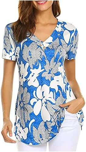 Going Out Tops For Women Floral Printed Hide Belly Tunic Blouses Casual V Neck Buttons Pullover Short Sleeve T-Shirts 6 Going Out Tops For Women Floral Printed Hide Belly Tunic Blouses Casual V Neck Buttons Pullover Short Sleeve T-Shirts - Image 4