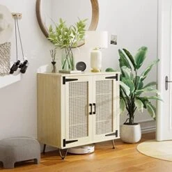 VINGLI 2 Door Accent Cabinet Set Of 2 Rattan Buffet Cabinet Boho Sideboard Wicker Credenzas For Living Room,31.2"(W) X15.7(D) X30(H),Oak -Amazon Store 512T6bGEEML. AC