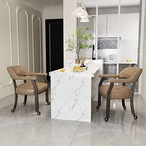 Set Of 4 Dining Chair With Casters, Leather Chair With Caster & Nailhead Trime Dining Chairs With Rollers Curving Backrest Chairs With Wheels Kitchen Table Rolling Chair,Espresso&Beige 1910BG 8 Set Of 4 Dining Chair With Casters, Leather Chair With Caster & Nailhead Trime Dining Chairs With Rollers Curving Backrest Chairs With Wheels Kitchen Table Rolling Chair,Espresso&Beige 1910BG - Image 6
