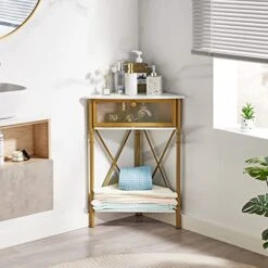 VECELO Cabinet/Table, 3-Tier Display Shelves With Protection Door, Metal Frame Storage Shelf Organizer For Small Space, Living Room, Kitchen, Bathroom, Set Of 2, Gold+Black -Amazon Store 512YFJU294L