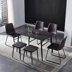 Hanway Modern Dining Table Set For 6 | 4 Chairs + 2 Benches | Upholstered Seats | Rectangular Kitchen & Living Room Furniture | Metal Legs | Faux-Leather | Stylish Home Décor Piece (Black Chair) -Amazon Store 512mHSXat8L