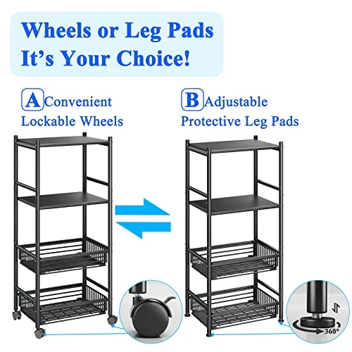 Microwave Stand Cart With Storage, 4 Tier Metal Kitchen Rolling Cart, Fruit And Vegetable Basket On Wheels, Standing Baker's Rack Coffee Station Organizer Shelf, Black 4 Microwave Stand Cart With Storage, 4 Tier Metal Kitchen Rolling Cart, Fruit And Vegetable Basket On Wheels, Standing Baker's Rack Coffee Station Organizer Shelf, Black - Image 2