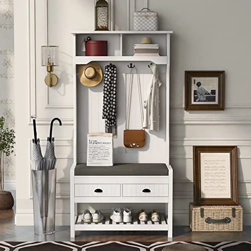 ZSQ Hall Tree With 4 Hooks And Hinged Lid, 69" Coat Hanger & Entryway Bench, 3-in-1 Design Storage Bench For Entrance, Hallway (White) 3 ZSQ Hall Tree With 4 Hooks And Hinged Lid, 69" Coat Hanger & Entryway Bench, 3-in-1 Design Storage Bench For Entrance, Hallway (White)