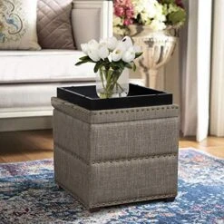 Edeco Modern Nailhead Storage Ottoman With Tray Top Square Script Ottoman Space-Saving Coffee Table, Grey -Amazon Store 512uuzwPIvL. AC