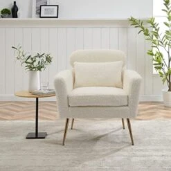 Mikibama Mid Century Modern Accent Chair Upholstered Reading Chair Armchair With Metal Legs And Throw Pillow Side Chair For Living Room Bedroom Office (Ivory,Teddy Fabric) -Amazon Store 512yrciz6iL. AC