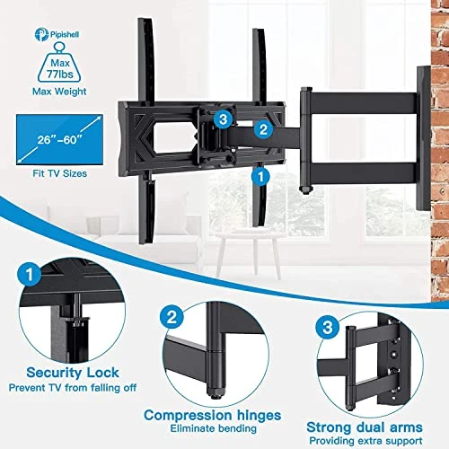 Pipishell Full Motion TV Wall Mount, Heavy Duty Single Articulating Arms TV Bracket For Most 26-60 Inch Flat Curved TVs, Up To VESA 400x400mm And 77lbs, Support Swivel, Tilt, Level Adjustment 5 Pipishell Full Motion TV Wall Mount, Heavy Duty Single Articulating Arms TV Bracket For Most 26-60 Inch Flat Curved TVs, Up To VESA 400x400mm And 77lbs, Support Swivel, Tilt, Level Adjustment - Image 3