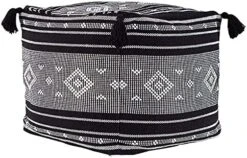 MOCOFO Cotton Woven Tassel Footstool Boho Square Unstuffed Pouf Cover For Living Room, Bedroom(Black Strips, 17.7×17.7×15.7") -Amazon Store 5131zb3k21L. AC