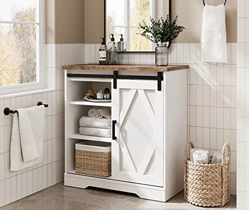 WAMPAT Rusitc Farmhouse Accent Buffet Sideboard Serving Console Cabinet Coffee Bar Entryway Table With Sliding Barn Door, Storage Shelves For Home Kitchen Bathroom, 35 Inch, White 5 WAMPAT Rusitc Farmhouse Accent Buffet Sideboard Serving Console Cabinet Coffee Bar Entryway Table With Sliding Barn Door, Storage Shelves For Home Kitchen Bathroom, 35 Inch, White - Image 3