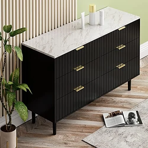 ANBUY Black 6 Drawer Double Dresser For Bedroom, Dual Chest Of Drawers Modern Dresser For Bedroom With Gold Handles Imitation Marble Texture (Black) 10 ANBUY Black 6 Drawer Double Dresser For Bedroom, Dual Chest Of Drawers Modern Dresser For Bedroom With Gold Handles Imitation Marble Texture (Black) - Image 8