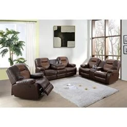 A Ainehome Living Room Furniture Couch Recliner Set With Console Storage Recliner Sofa And Loveseat Chair Sets Couch For Living Room(C-Brown Leatherel,3 Piece Set)