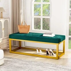 Lamerge Velvet Bench,Modern Upholstered Entryway Bench Bedside Bench, Dining Long Bench With Golden Metal Frame,Perfect For Dressing Room,Living Room,Hallway,Bedroom And So On,Emerald (LVB-E) -Amazon Store 513AitpPzPL