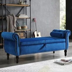 LUCKHAO Storage Bench For Bedroom End Of Bed, 63" Long Velvet Tufted Upholstered Storage Ottoman Bench For Bedroom, Rolled Arm Nailhead Trim With Pillow(Grey) -Amazon Store 513ApADaWL. AC