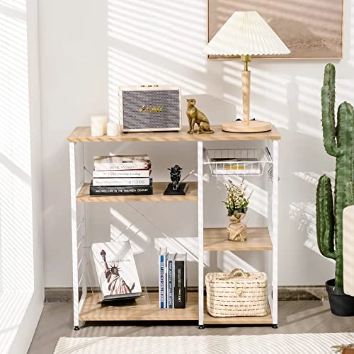 Giantex Kitchen Baker’s Rack Industrial Style Microwave Oven Stand With Wire Basket, 6 Hooks, 3 Storage Shelves, Standing Coffee Bar Table Metal Frame (Natural & White) 7 Giantex Kitchen Baker’s Rack Industrial Style Microwave Oven Stand With Wire Basket, 6 Hooks, 3 Storage Shelves, Standing Coffee Bar Table Metal Frame (Natural & White) - Image 5