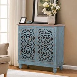 MFSTUDIO Accent Tall Wood Storage Cabinet Buffet Sideboard Hollow-Carved Floral 2 Doors Distressed Decorative For Living Room Kitchen Stand Entryway Hallway, 13.8" Dx31.5 Wx47.4 H, Blue -Amazon Store 513LW3KiAQL. AC