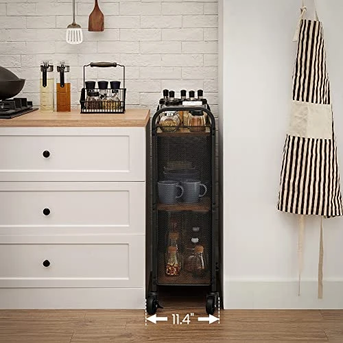 VASAGLE Serving Cart, Slim Kitchen Cart For Narrow Spaces, Rolling Storage Cart And Organizer Utility Cart With Wheels, Easy Assembly, For Kitchen, Bathroom, Rustic Brown And Black ULRC66BX 6 VASAGLE Serving Cart, Slim Kitchen Cart For Narrow Spaces, Rolling Storage Cart And Organizer Utility Cart With Wheels, Easy Assembly, For Kitchen, Bathroom, Rustic Brown And Black ULRC66BX - Image 4