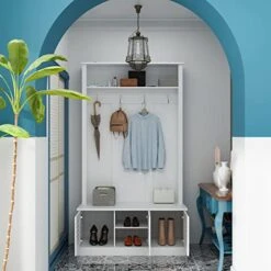 ECACAD Hall Tree With Storage Bench & Doors, 3-in-1 Entryway Bench With Coat Rack, Tall Hall Tree With 4 Metal Hooks & Storage Shelf For Hallway, Living Room, White (41.3”W X 18.1”D X 74.8”H) -Amazon Store 513OOZwLf8L