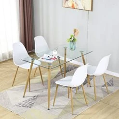 Nopurs Glass Dining Table Set For 4 - Modern Rectangle Kitchen Table And Chairs For 4 Shell Lounge Plastic Dining Chairs With Wood Painted Metal Legs For Dining Living Room Home Office Breakfast Nook