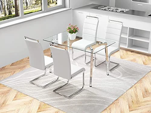 LFVFFA Glass Dining Table Set Of 4, Dining Table And Chairs Set, Modern Dining Room Furniture Set,for Dining Room,Kitchen (White Striped Chair Set, 47-inch Tempered Glass Table Top) 3 LFVFFA Glass Dining Table Set Of 4, Dining Table And Chairs Set, Modern Dining Room Furniture Set,for Dining Room,Kitchen (White Striped Chair Set, 47-inch Tempered Glass Table Top)