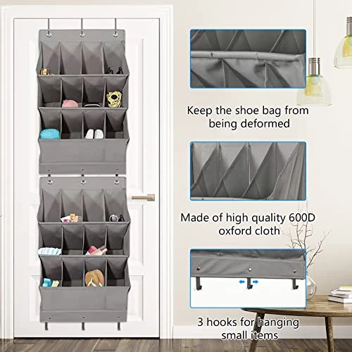 BestFire Over The Door Shoe Organizers, Large Hanging Shoe Organizer With 24 Pockets, Oxford Cloth Shoe Storage Organizer For Men Women Kids Shoe Storage, Grey, 2 Pack 4 BestFire Over The Door Shoe Organizers, Large Hanging Shoe Organizer With 24 Pockets, Oxford Cloth Shoe Storage Organizer For Men Women Kids Shoe Storage, Grey, 2 Pack - Image 2